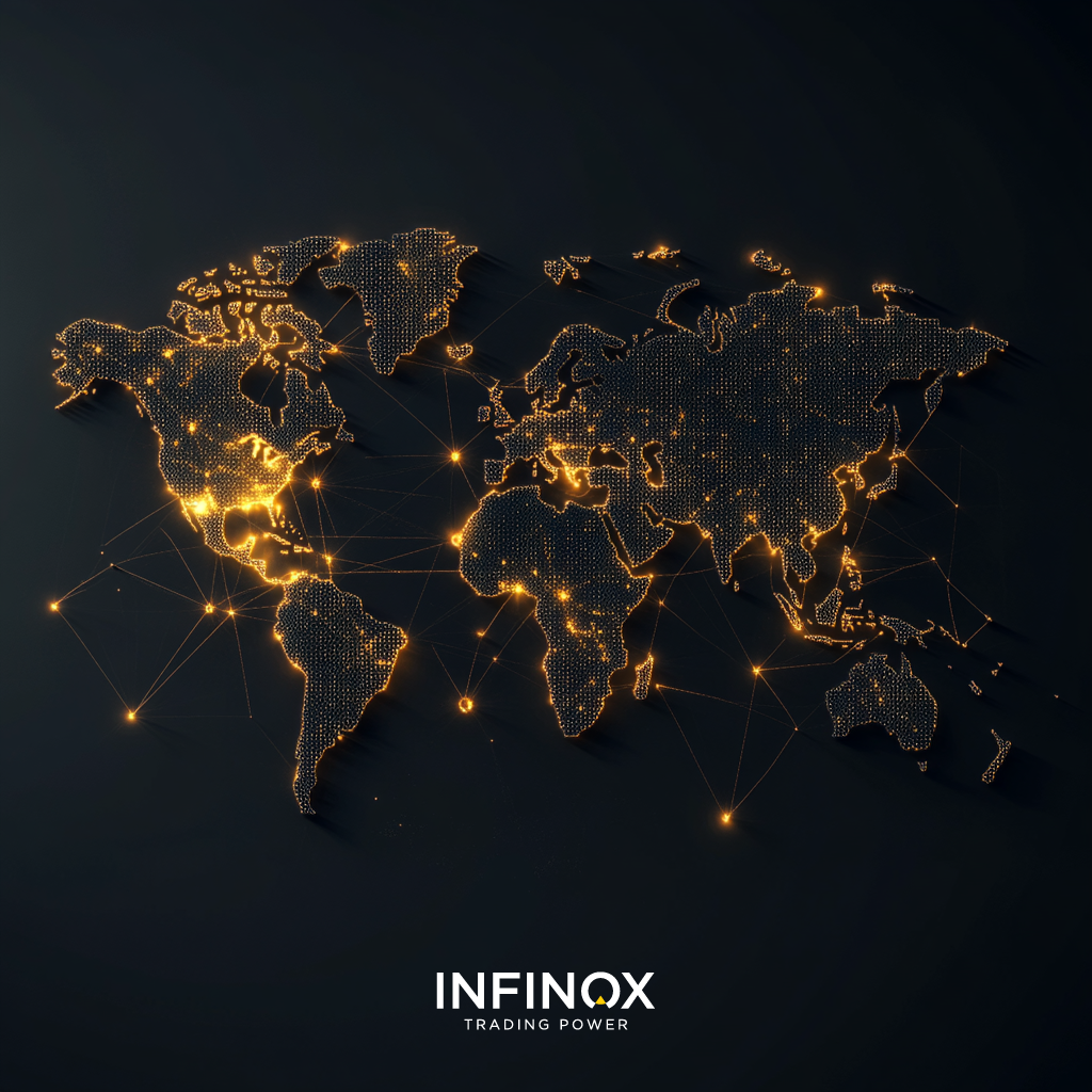 인피녹스(INFINOX) 글로벌 금융 네트워크를 상징하는 미니멀한 세계 지도, 빛나는 금융 연결망
