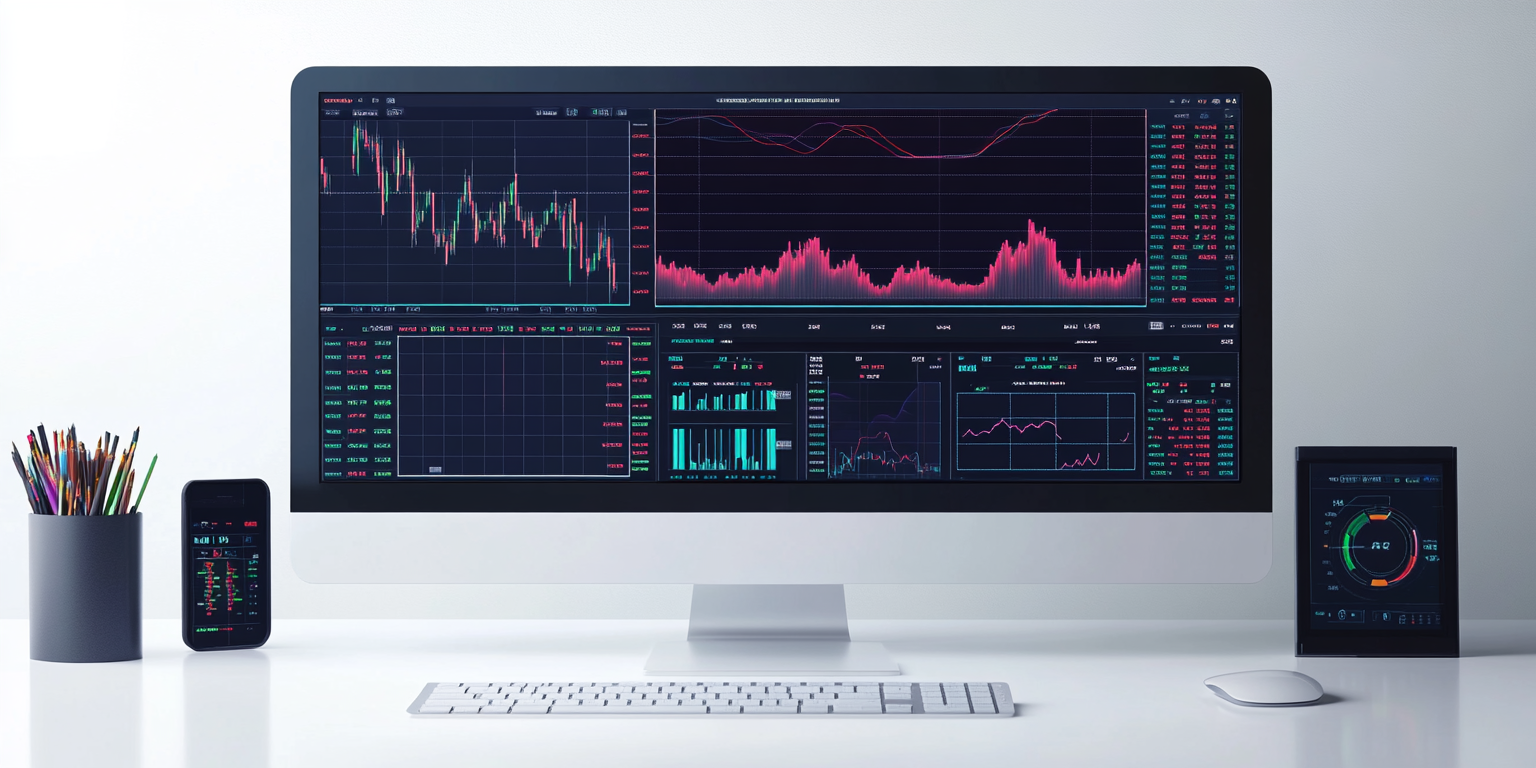 Flat illustration of forex trading platform dashboard in Infinox CFD blog post, modern UI chart interface