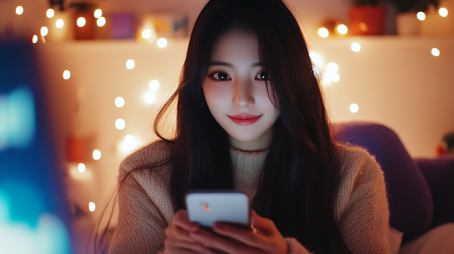 인피녹스 출금 확인하는 한국인 여성 트레이더, 스마트폰 화면 확인 중